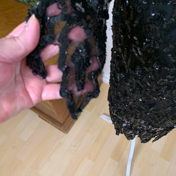 Vintage Sweet Love Black Silk Beaded Sequin Dress Sheer Sleeves L Whimsy Goth - Picture 6 of 12